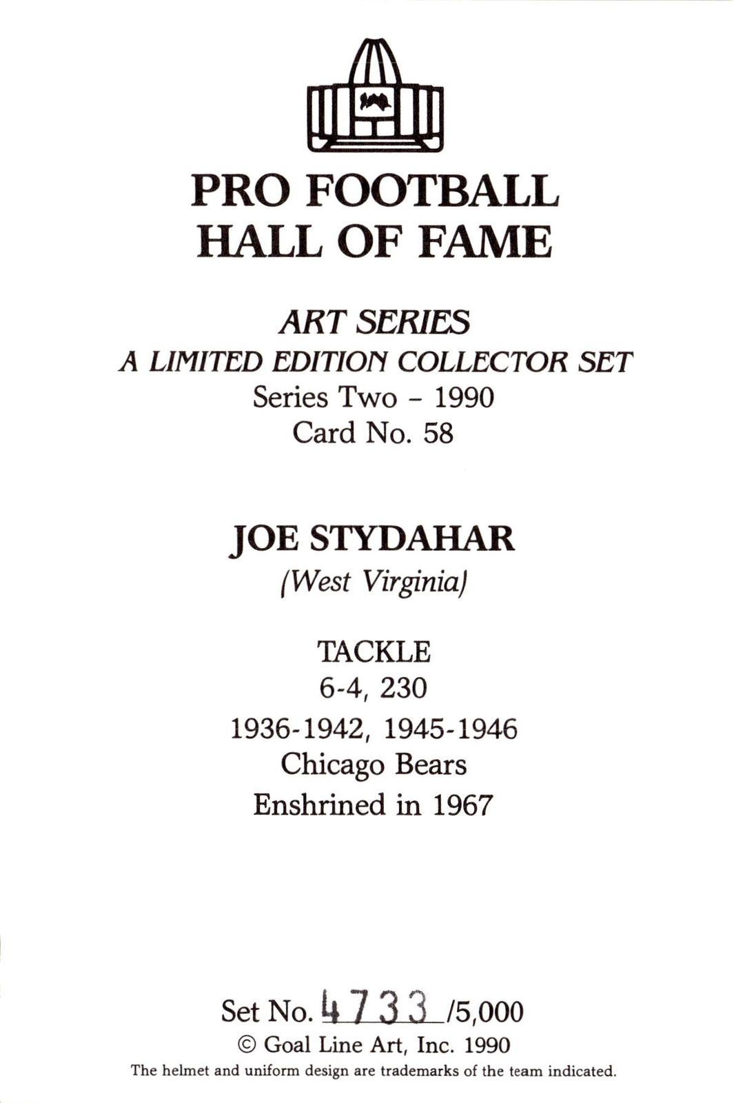1990 Goal Line Hall of Fame Art Collection #58 Joe Stydahar #/5000