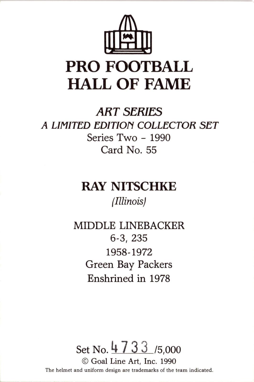 1990 Goal Line Hall of Fame Art Collection #55 Ray Nitschke Autograph #/5000