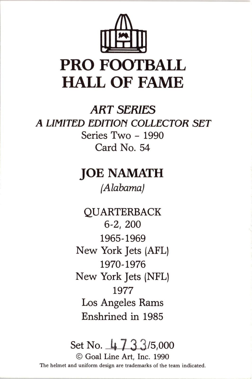 1990 Goal Line Hall of Fame Art Collection #54 Joe Namath #/5000