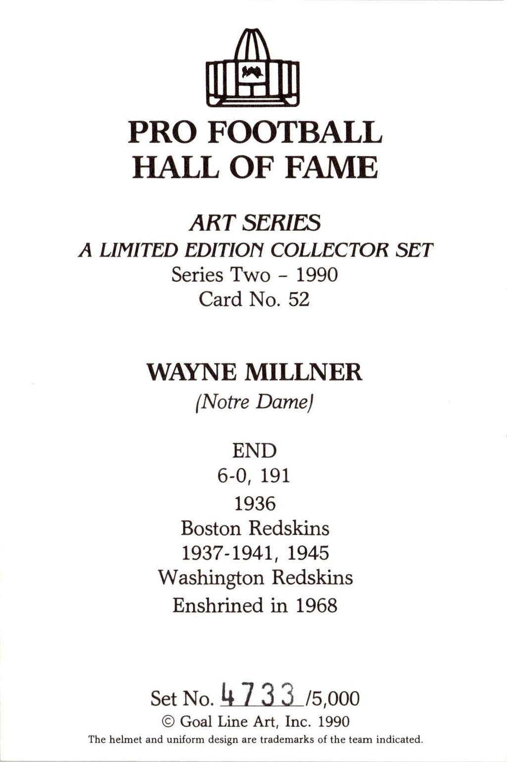 1990 Goal Line Hall of Fame Art Collection #52 Wayne Millner #/5000