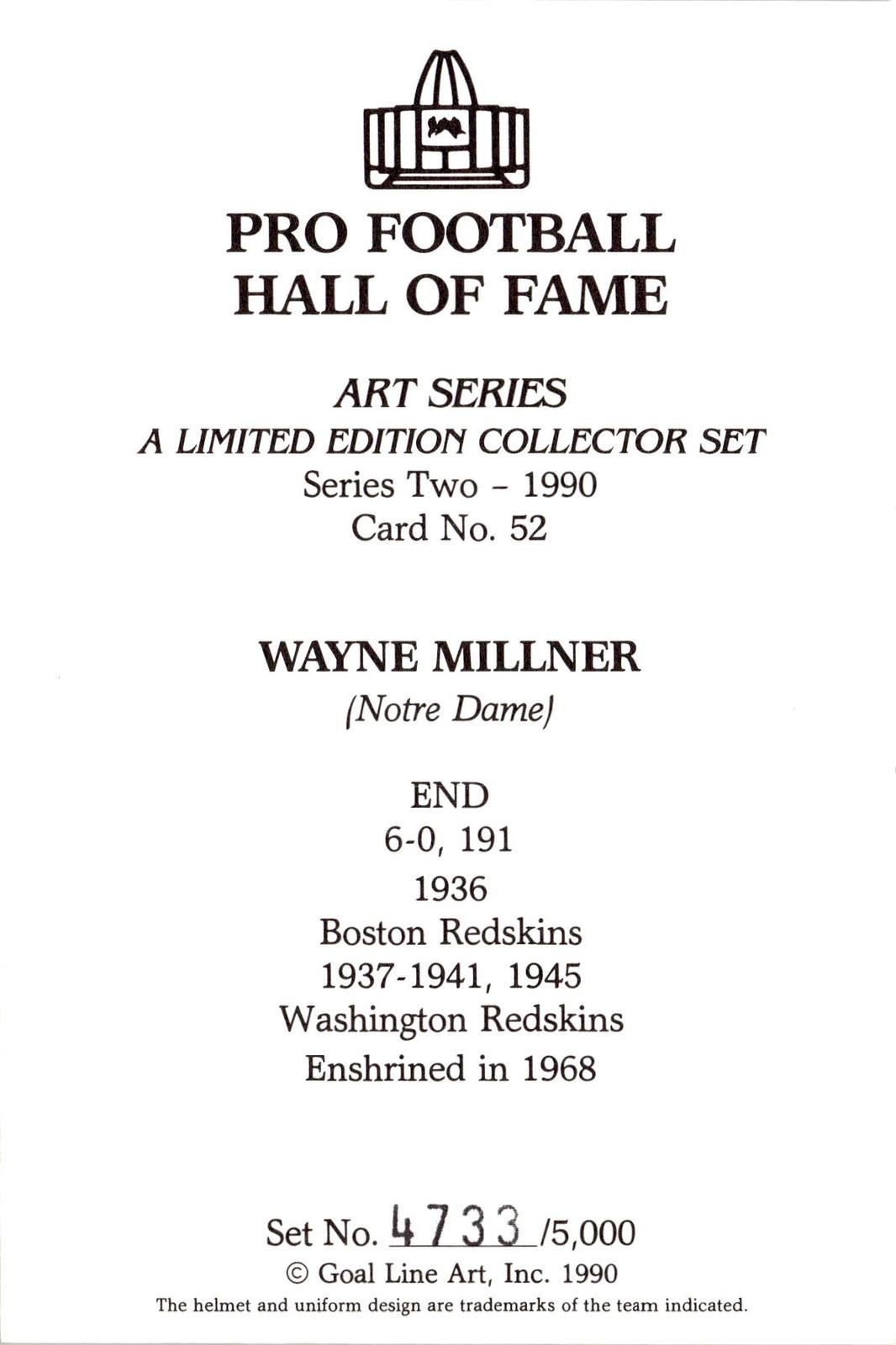 1990 Goal Line Hall of Fame Art Collection #52 Wayne Millner #/5000