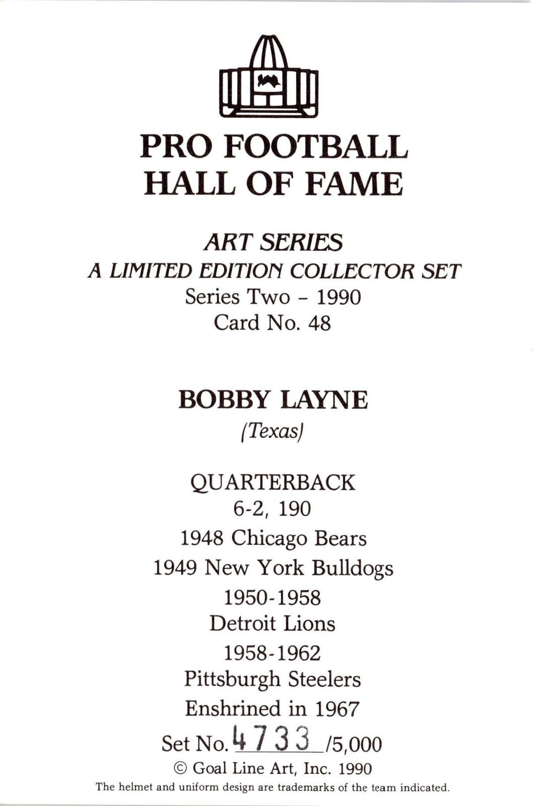 1990 Goal Line Hall of Fame Art Collection #48 Bobby Layne #/5000