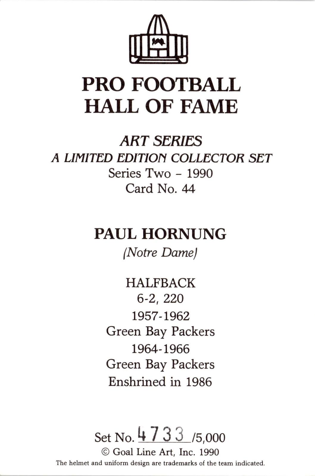 1990 Goal Line Hall of Fame Art Collection #44 Paul Hornung AUTO #/5000