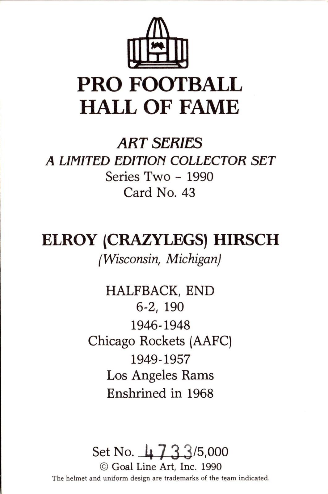 1990 Goal Line Hall of Fame Art Collection #43 Crazylegs Hirsch AUTO #/5000