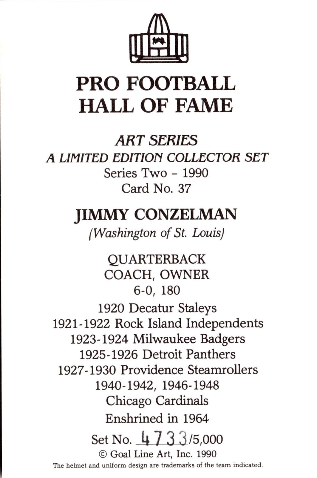 1990 Goal Line Hall of Fame Art Collection #37 Jimmy Conzelman #/5000