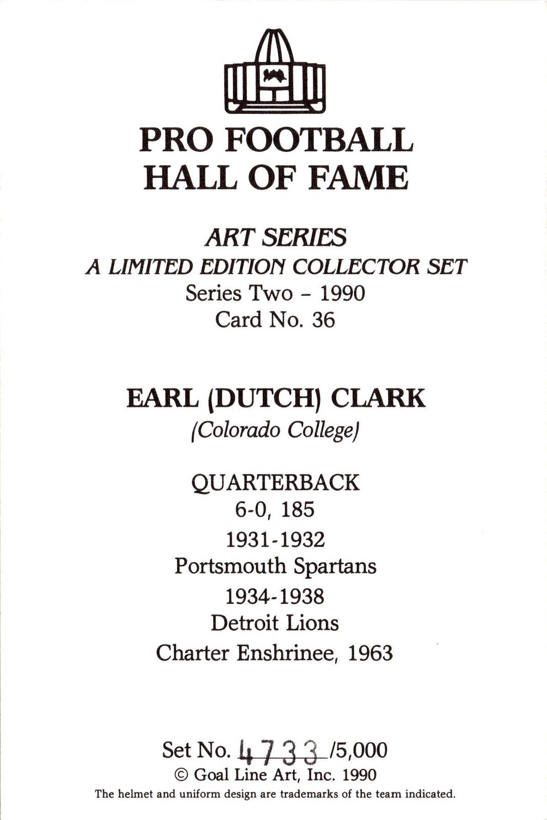 1990 Goal Line Hall of Fame Art Collection #36 Dutch Clark #/5000