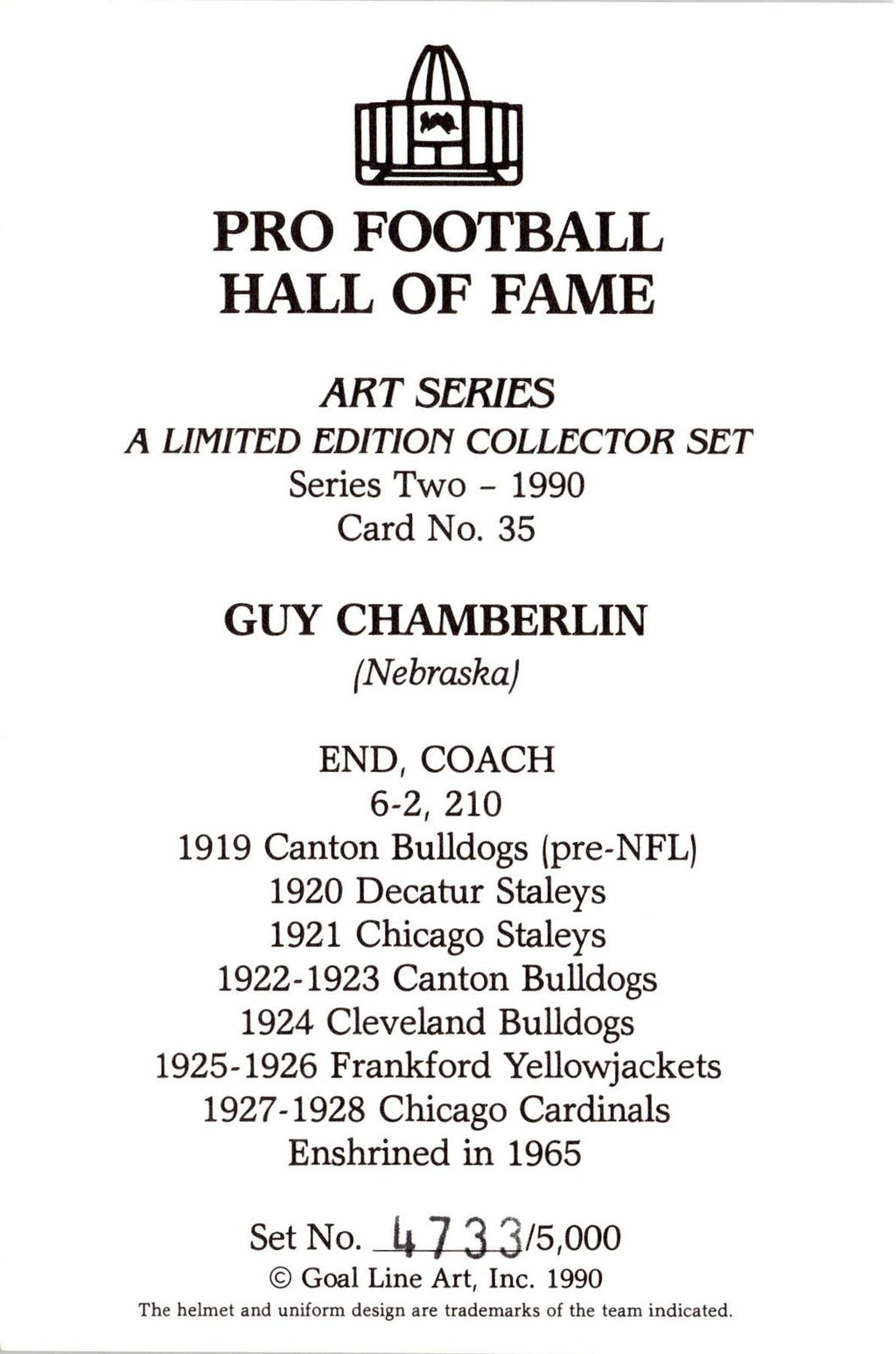 1990 Goal Line Hall of Fame Art Collection #35 Guy Chamberlin #/5000