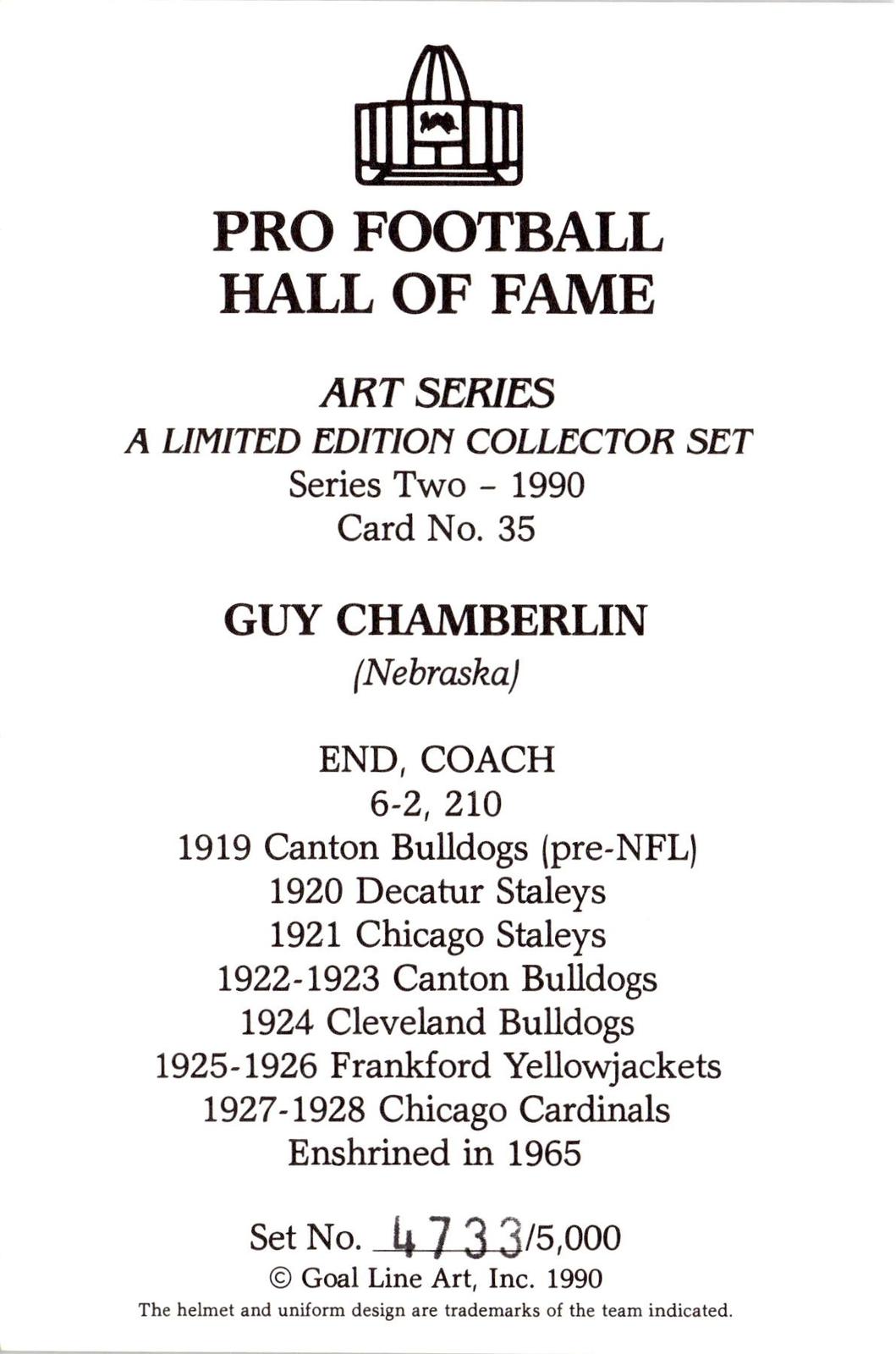 1990 Goal Line Hall of Fame Art Collection #35 Guy Chamberlin #/5000