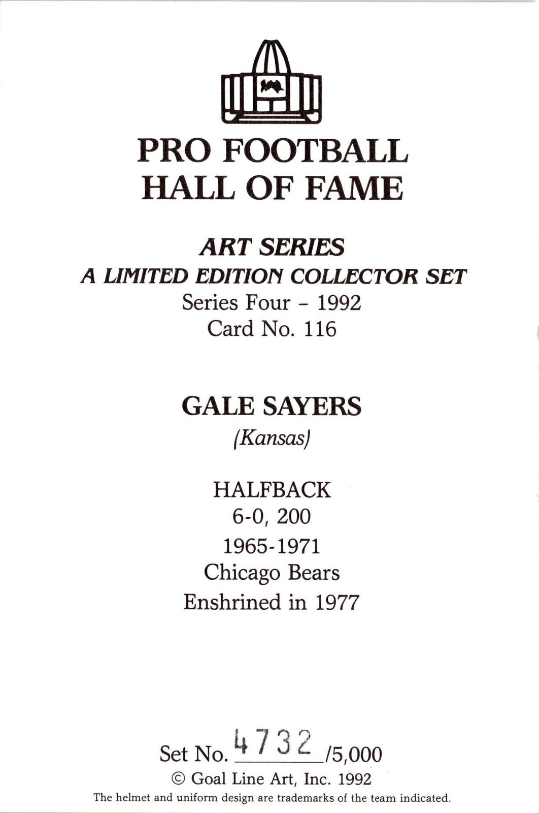 1992 Goal Line Hall of Fame Art Collection #116 Gale Sayers #/5000