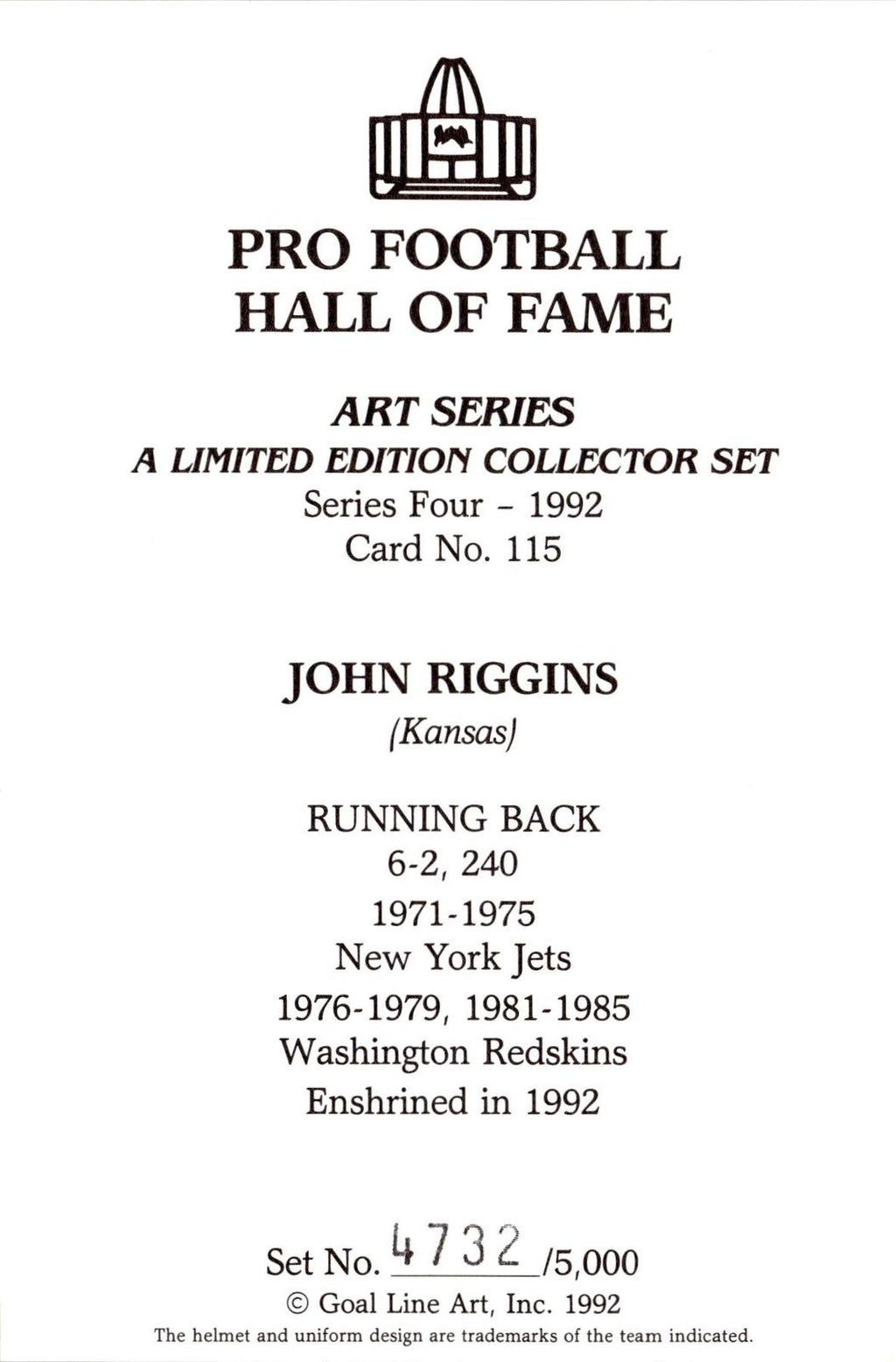 1992 Goal Line Hall of Fame Art Collection #115 John Riggins #/5000