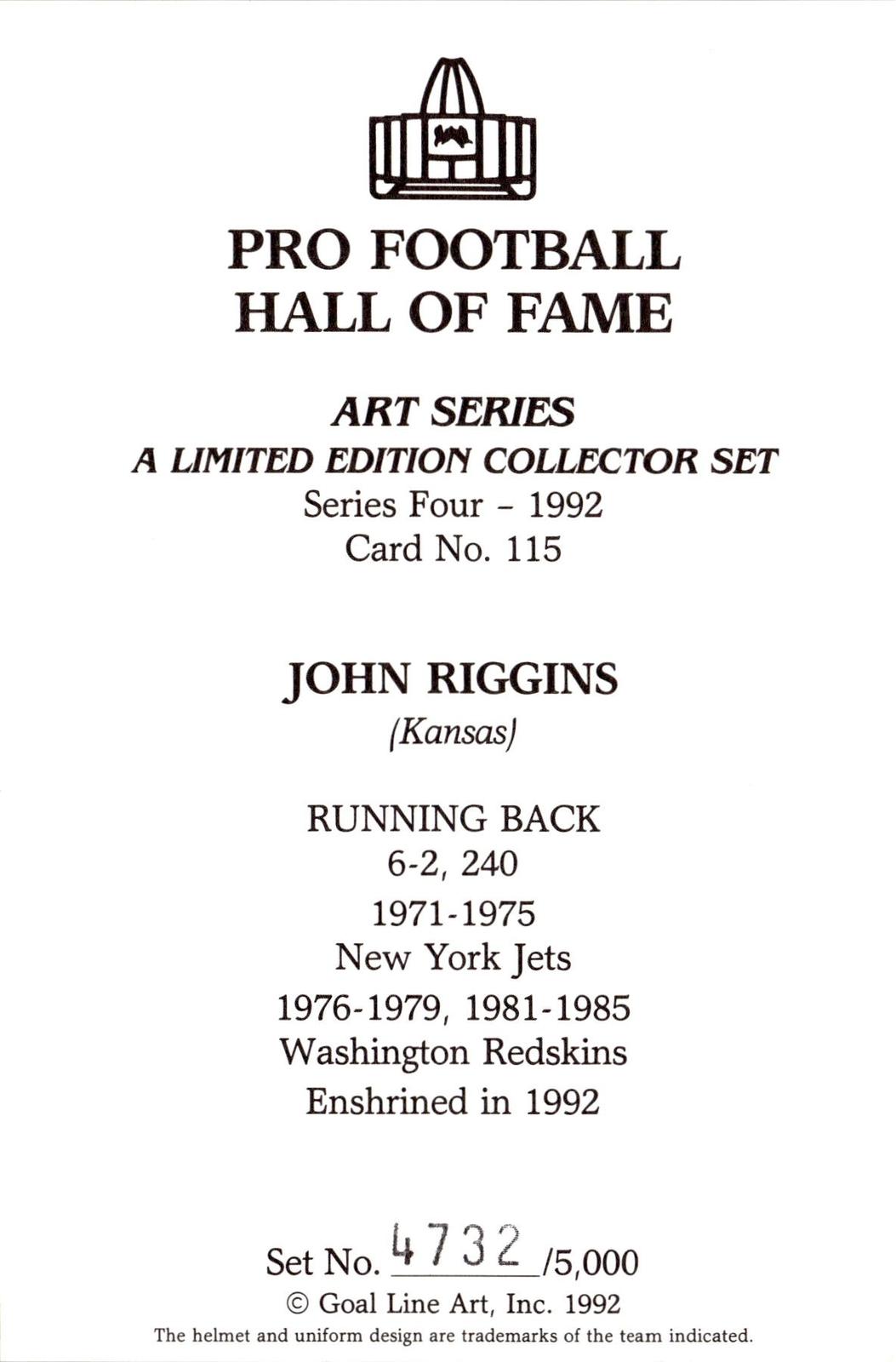 1992 Goal Line Hall of Fame Art Collection #115 John Riggins #/5000