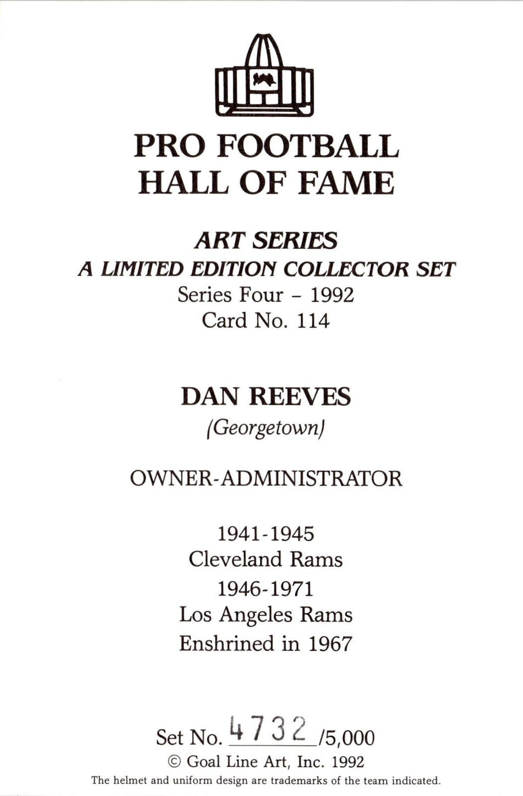 1992 Goal Line Hall of Fame Art Collection #114 Dan Reeves #/5000