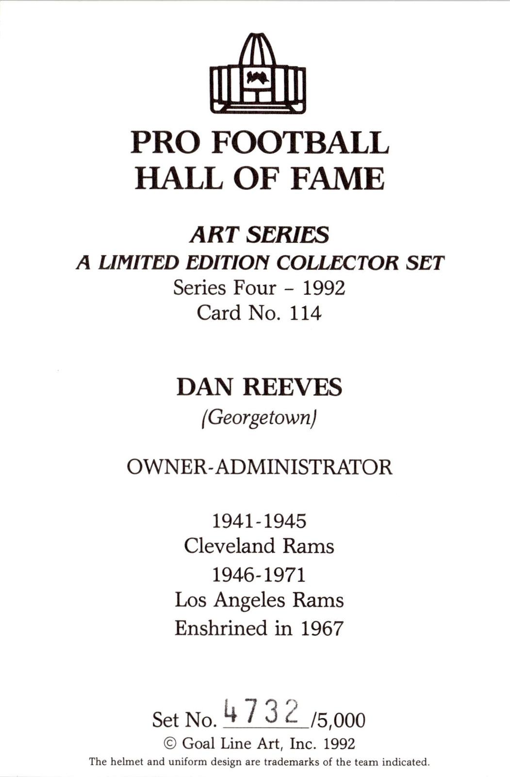 1992 Goal Line Hall of Fame Art Collection #114 Dan Reeves #/5000