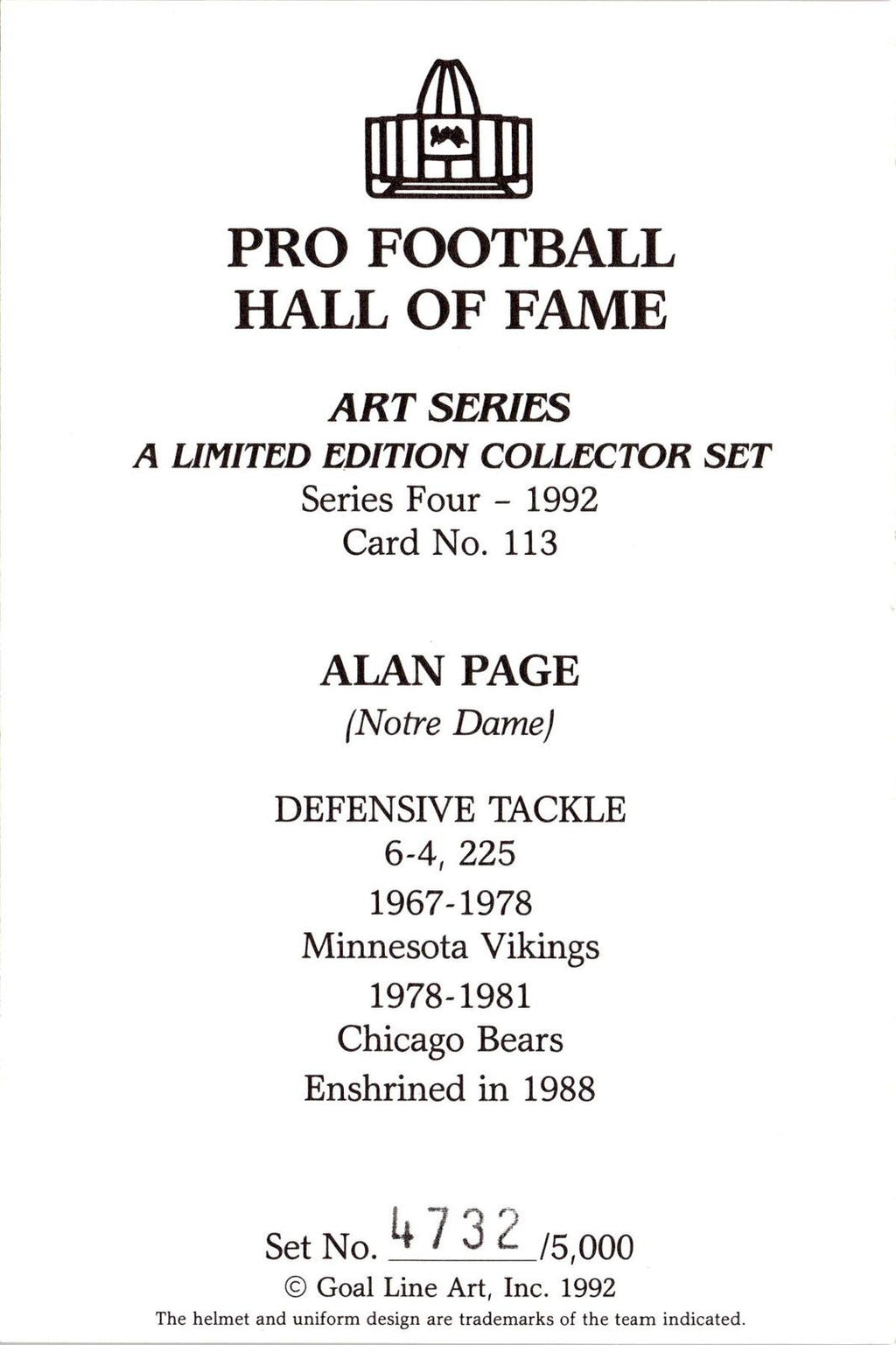 1992 Goal Line Hall of Fame Art Collection #113 Alan Page #/5000