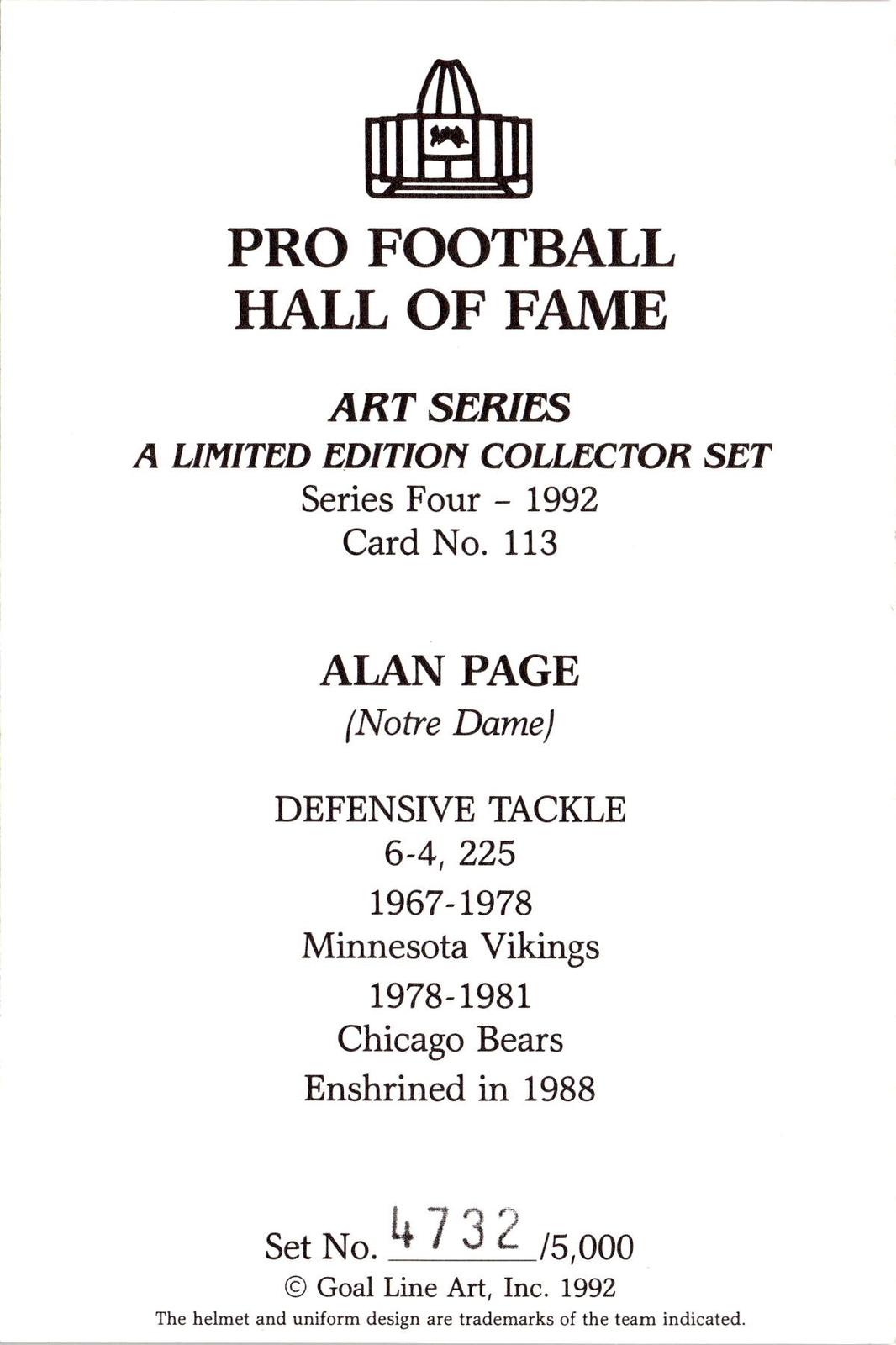 1992 Goal Line Hall of Fame Art Collection #113 Alan Page #/5000