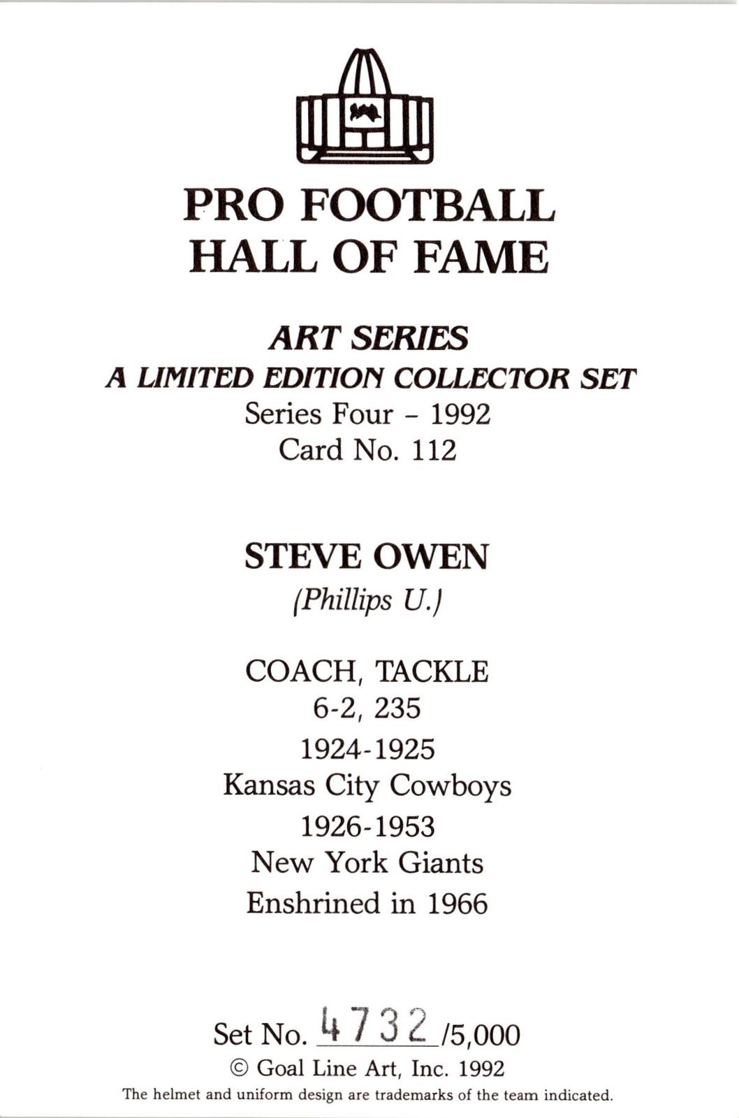 1992 Goal Line Hall of Fame Art Collection #112 Steve Owen #/5000