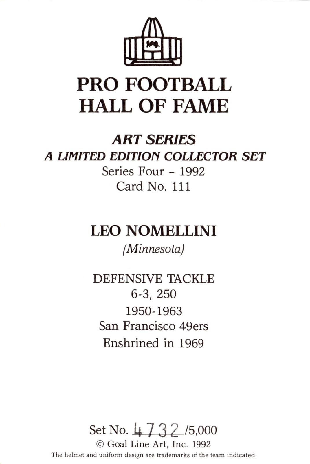 1992 Goal Line Hall of Fame Art Collection #111 Leo Nomellini #/5000