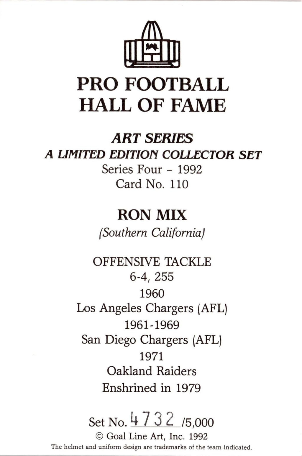 1992 Goal Line Hall of Fame Art Collection #110 Ron Mix #/5000