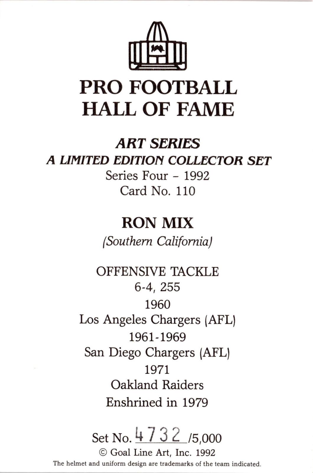 1992 Goal Line Hall of Fame Art Collection #110 Ron Mix #/5000