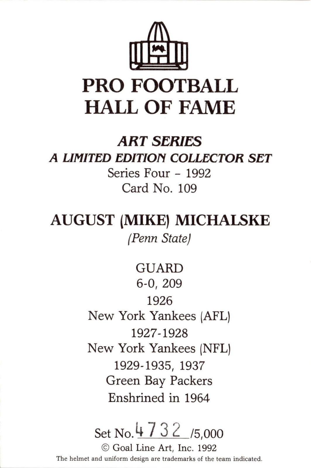 1992 Goal Line Hall of Fame Art Collection #109 Mike Michalske #/5000