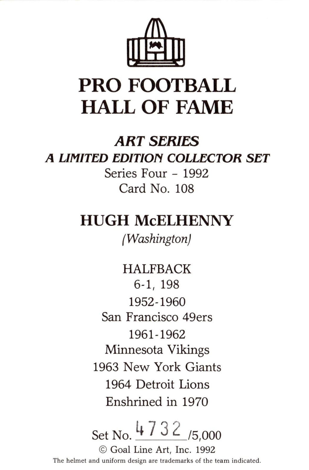 1992 Goal Line Hall of Fame Art Collection #108 Hugh McElhenny #/5000