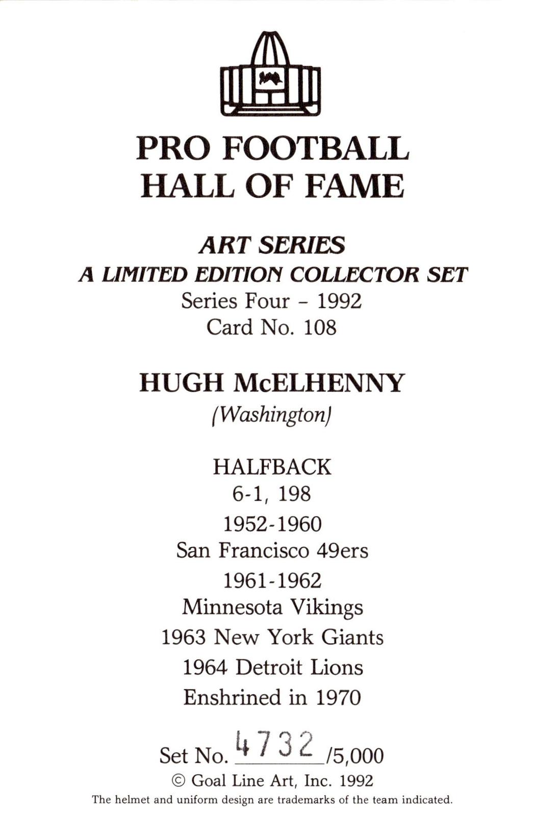 1992 Goal Line Hall of Fame Art Collection #108 Hugh McElhenny #/5000