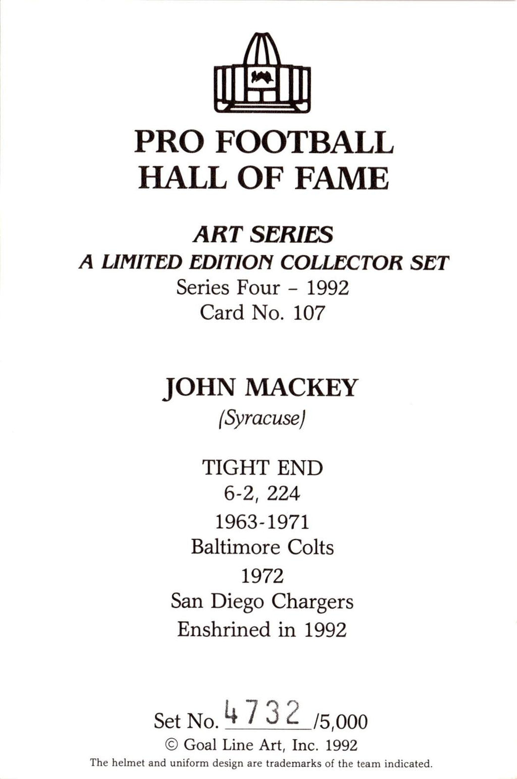 1992 Goal Line Hall of Fame Art Collection #107 John Mackey #/5000