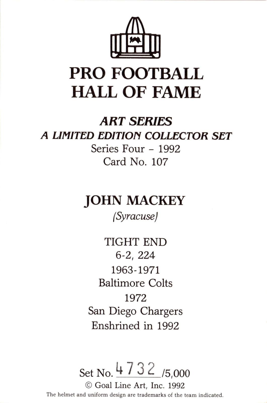 1992 Goal Line Hall of Fame Art Collection #107 John Mackey #/5000