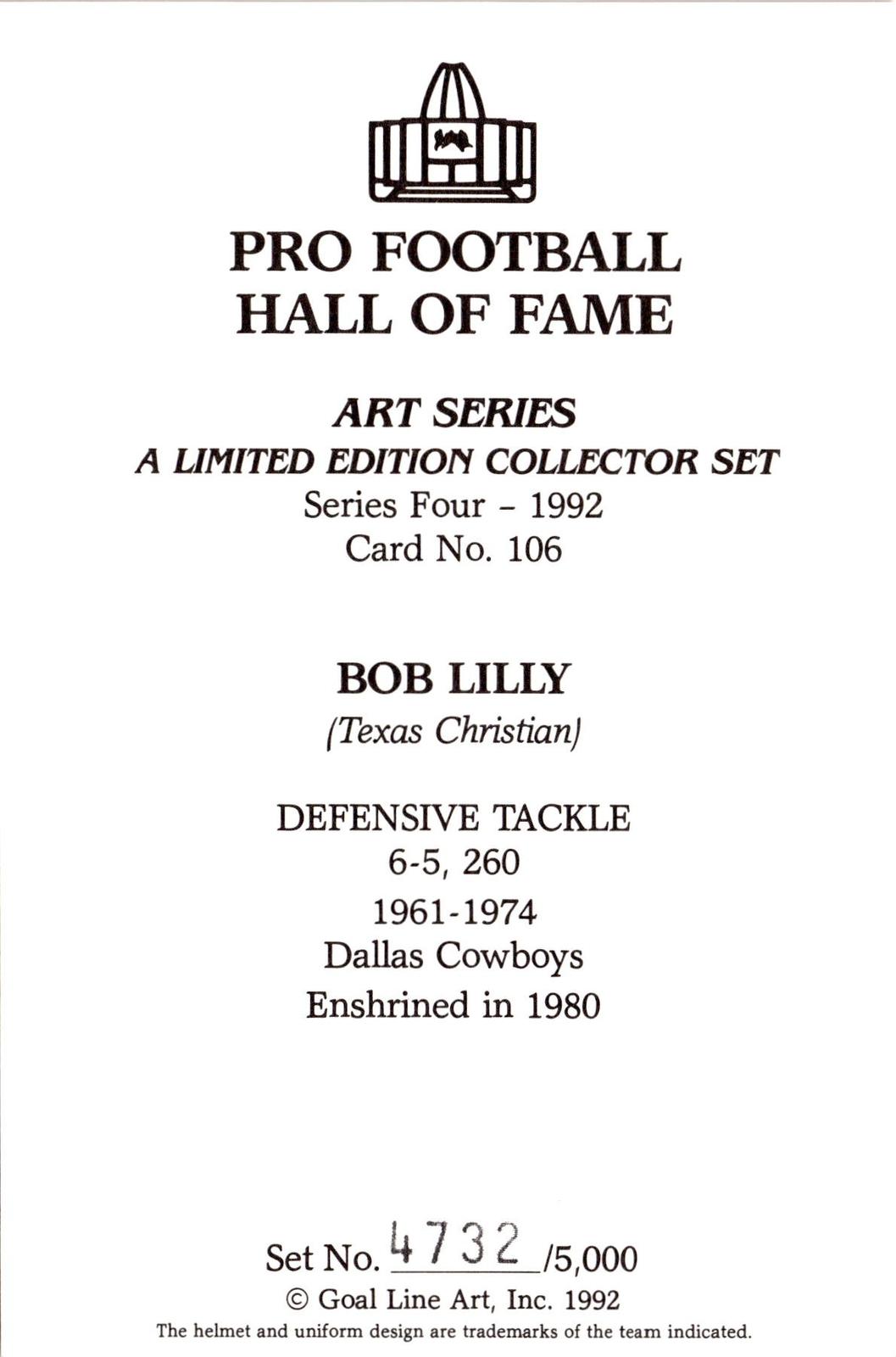 1992 Goal Line Hall of Fame Art Collection #106 Bob Lilly #/5000