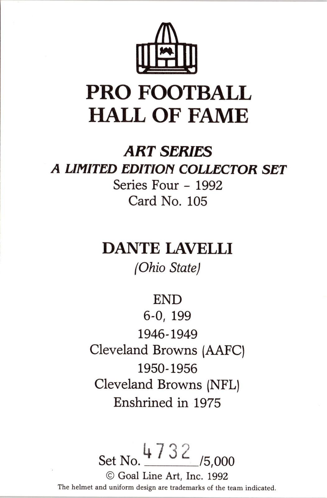 1992 Goal Line Hall of Fame Art Collection #105 Dante Lavelli #/5000