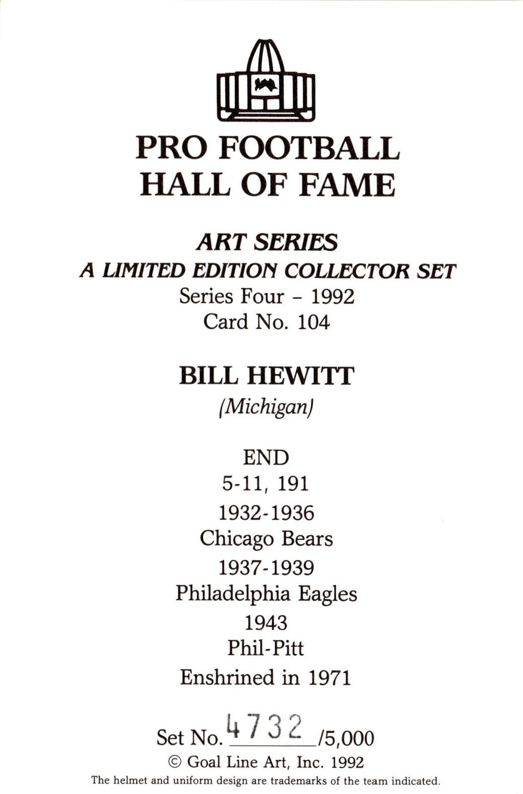 1992 Goal Line Hall of Fame Art Collection #104 Bill Hewitt #/5000