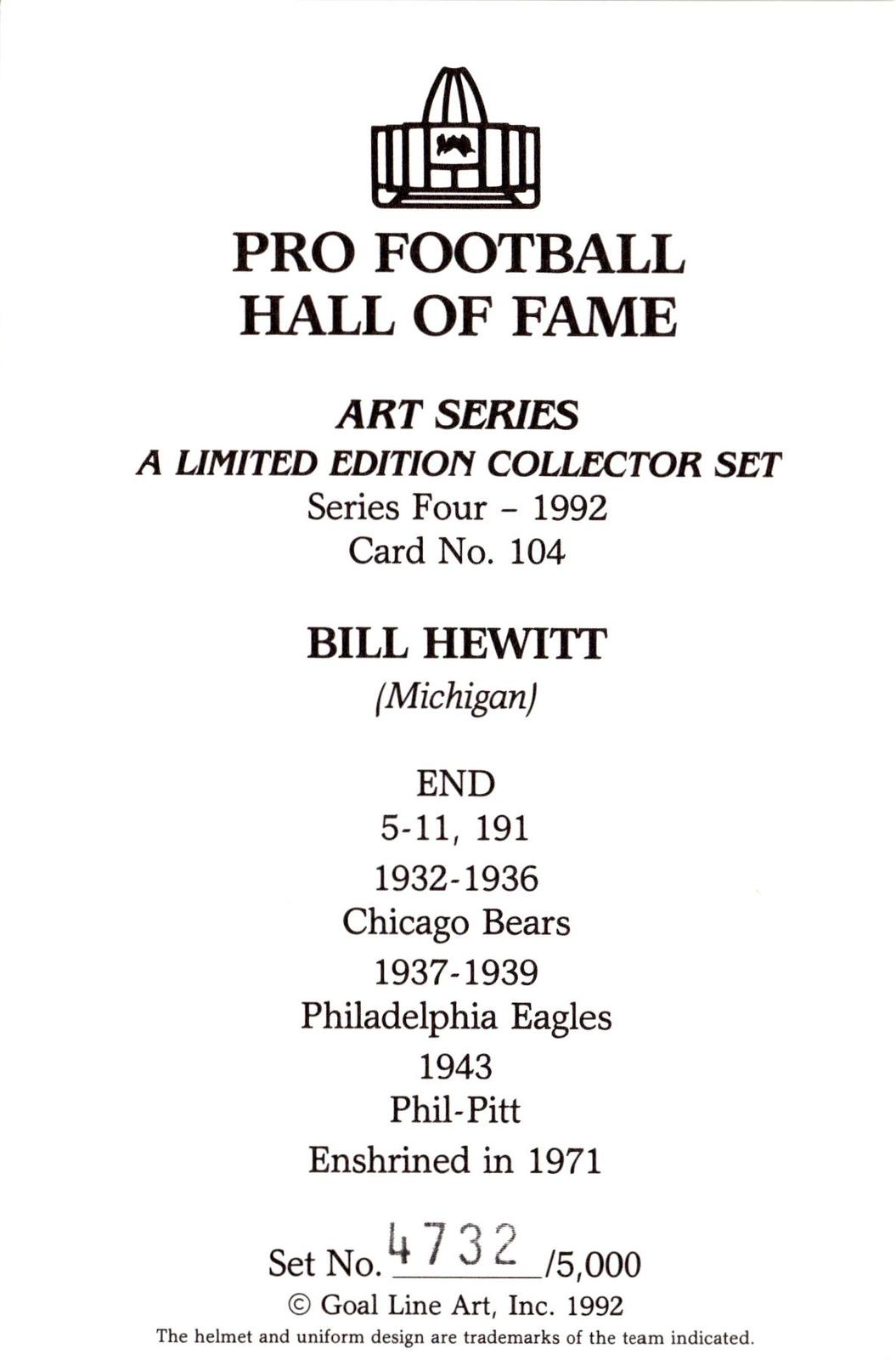 1992 Goal Line Hall of Fame Art Collection #104 Bill Hewitt #/5000