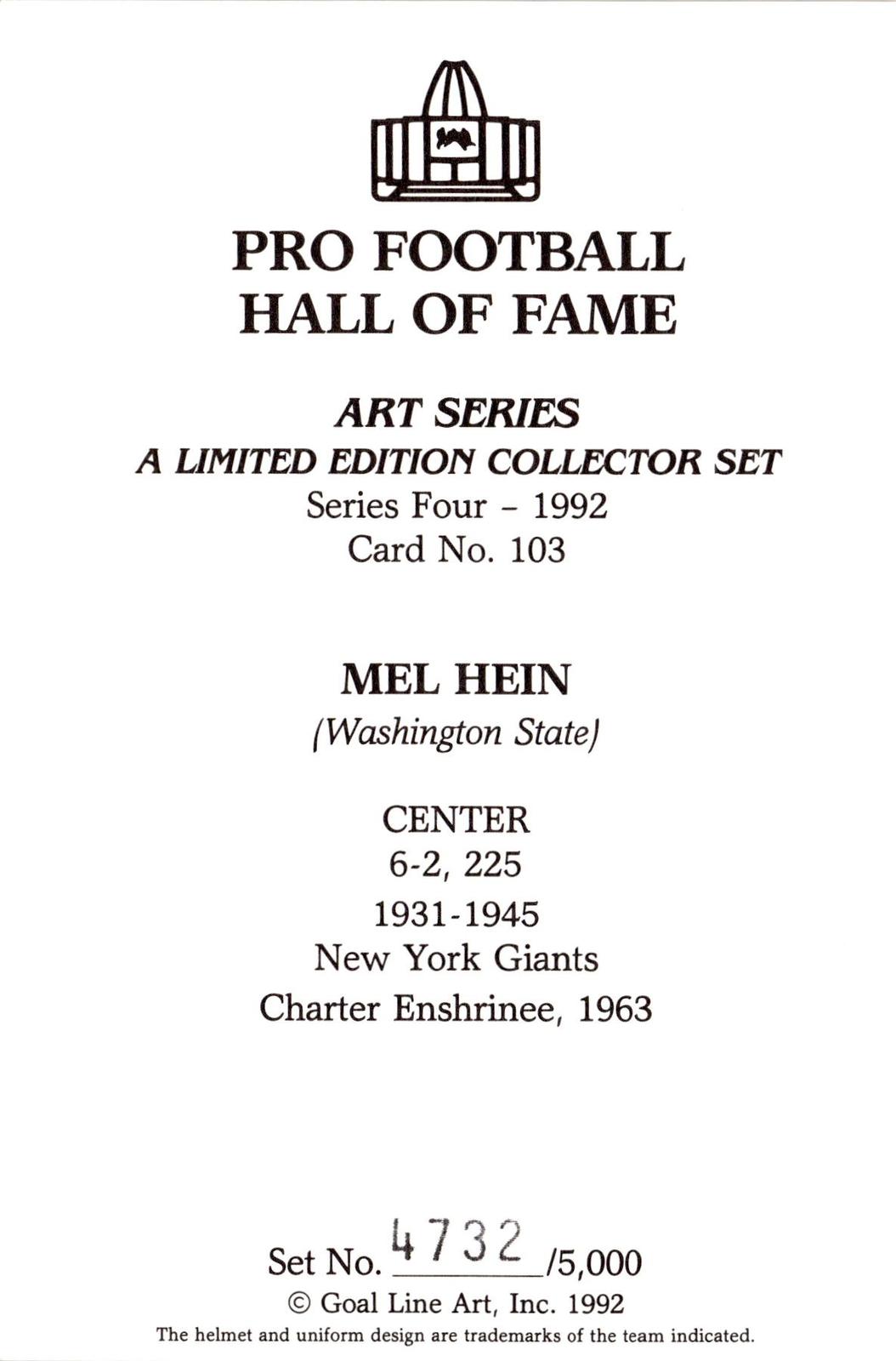 1992 Goal Line Hall of Fame Art Collection #103 Mel Hein #/5000
