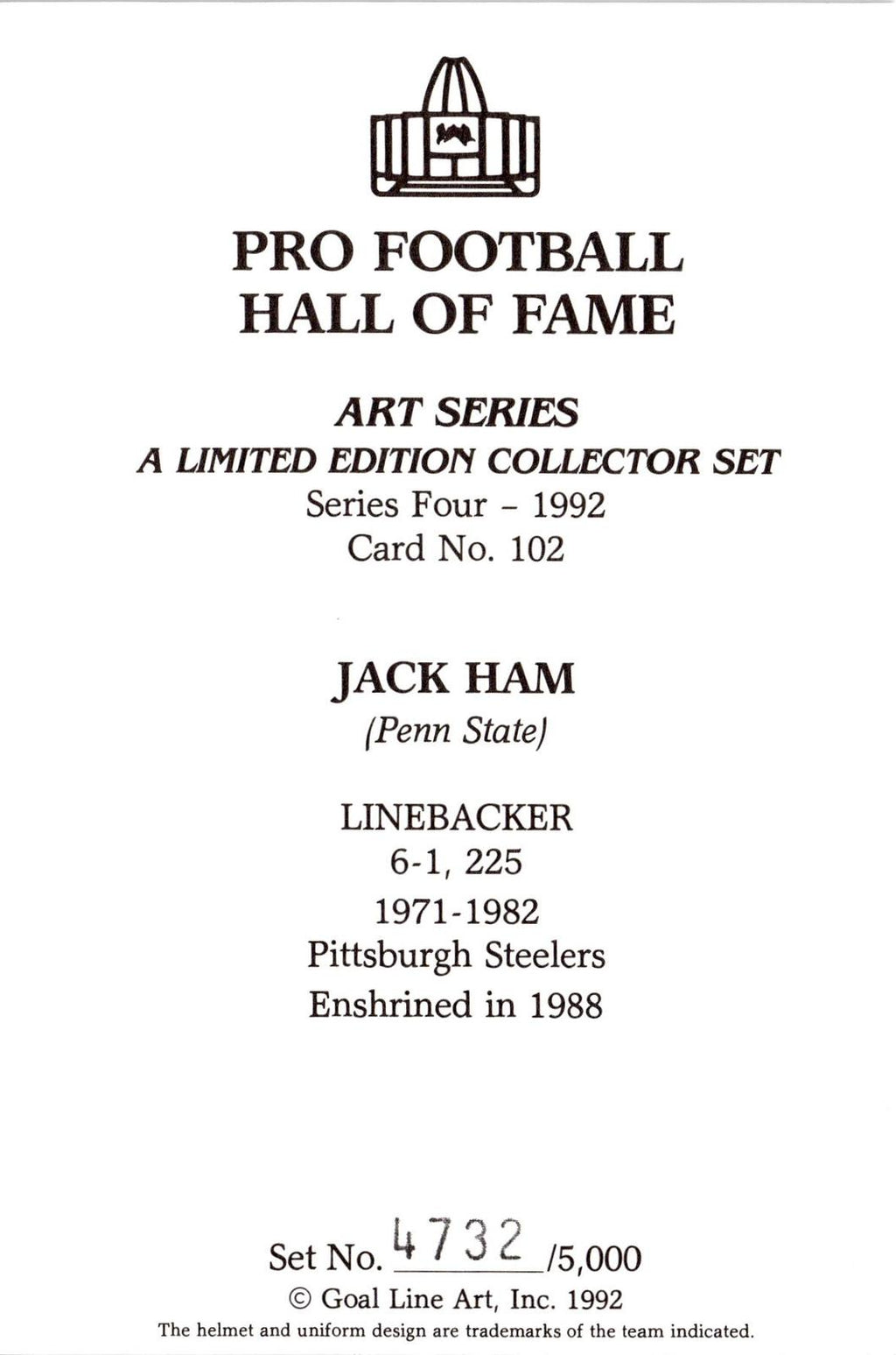 1992 Goal Line Hall of Fame Art Collection #102 Jack Ham #/5000