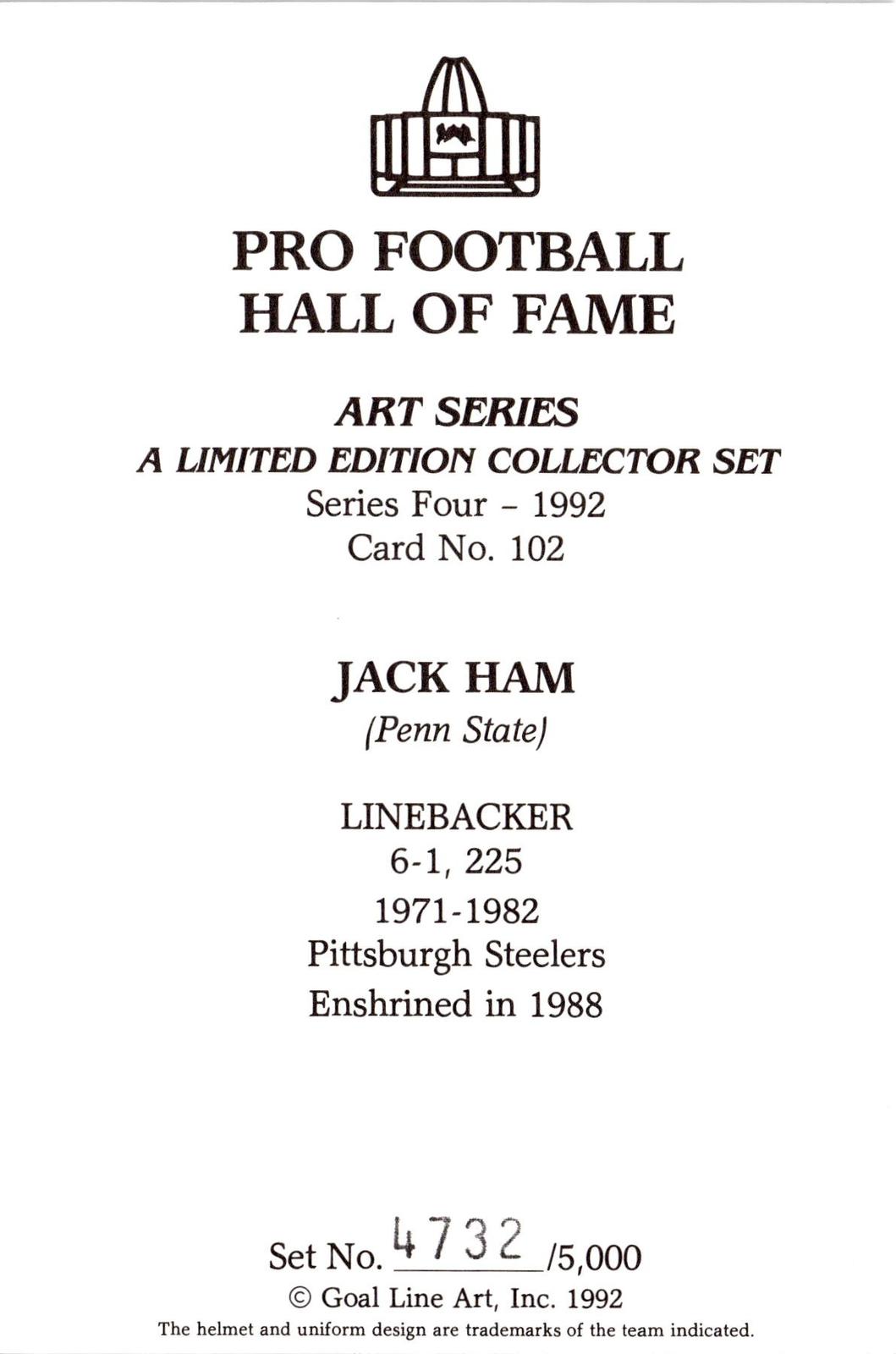 1992 Goal Line Hall of Fame Art Collection #102 Jack Ham #/5000