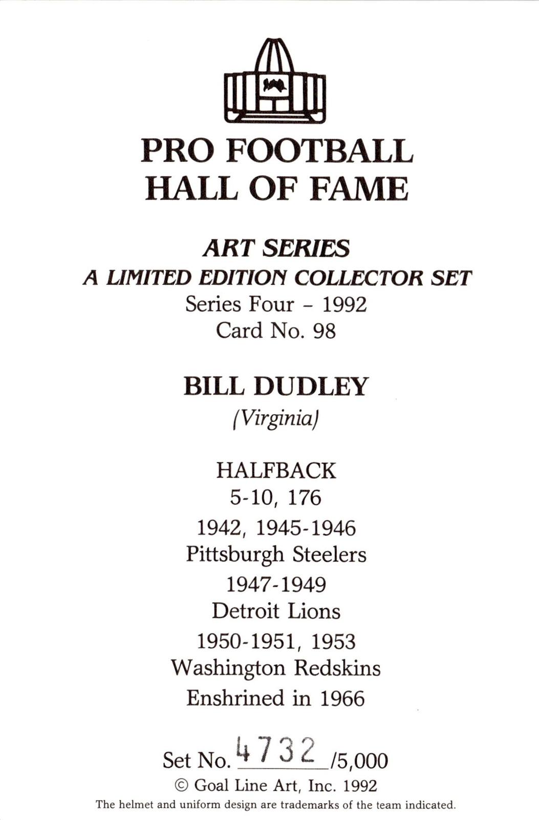 1992 Goal Line Hall of Fame Art Collection #98 Bill Dudley #/5000