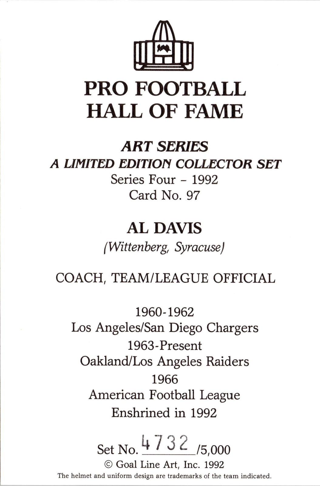 1992 Goal Line Hall of Fame Art Collection #97 Al Davis #/5000