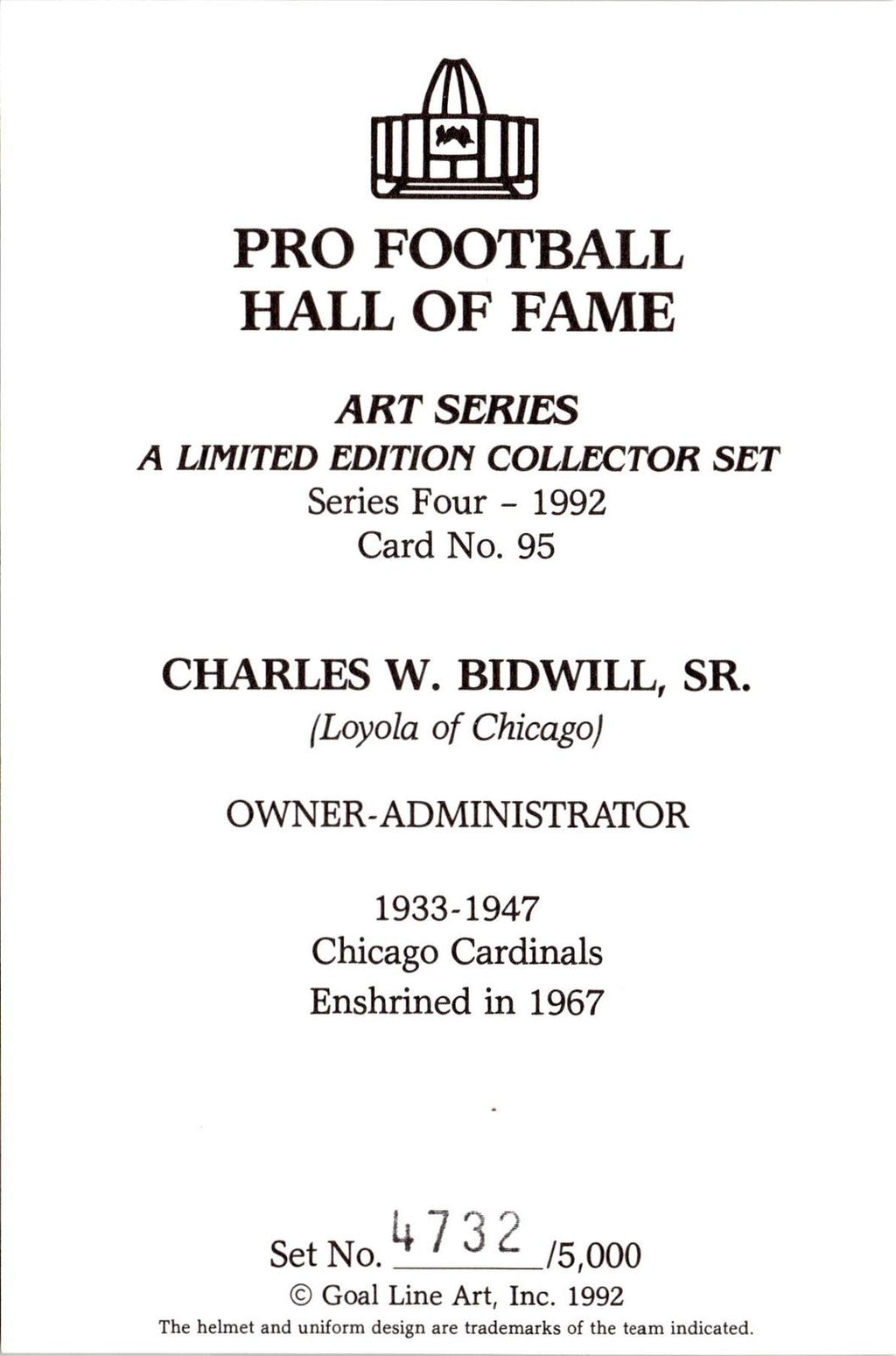 1992 Goal Line Hall of Fame Art Collection #95 Charles Bidwill #/5000