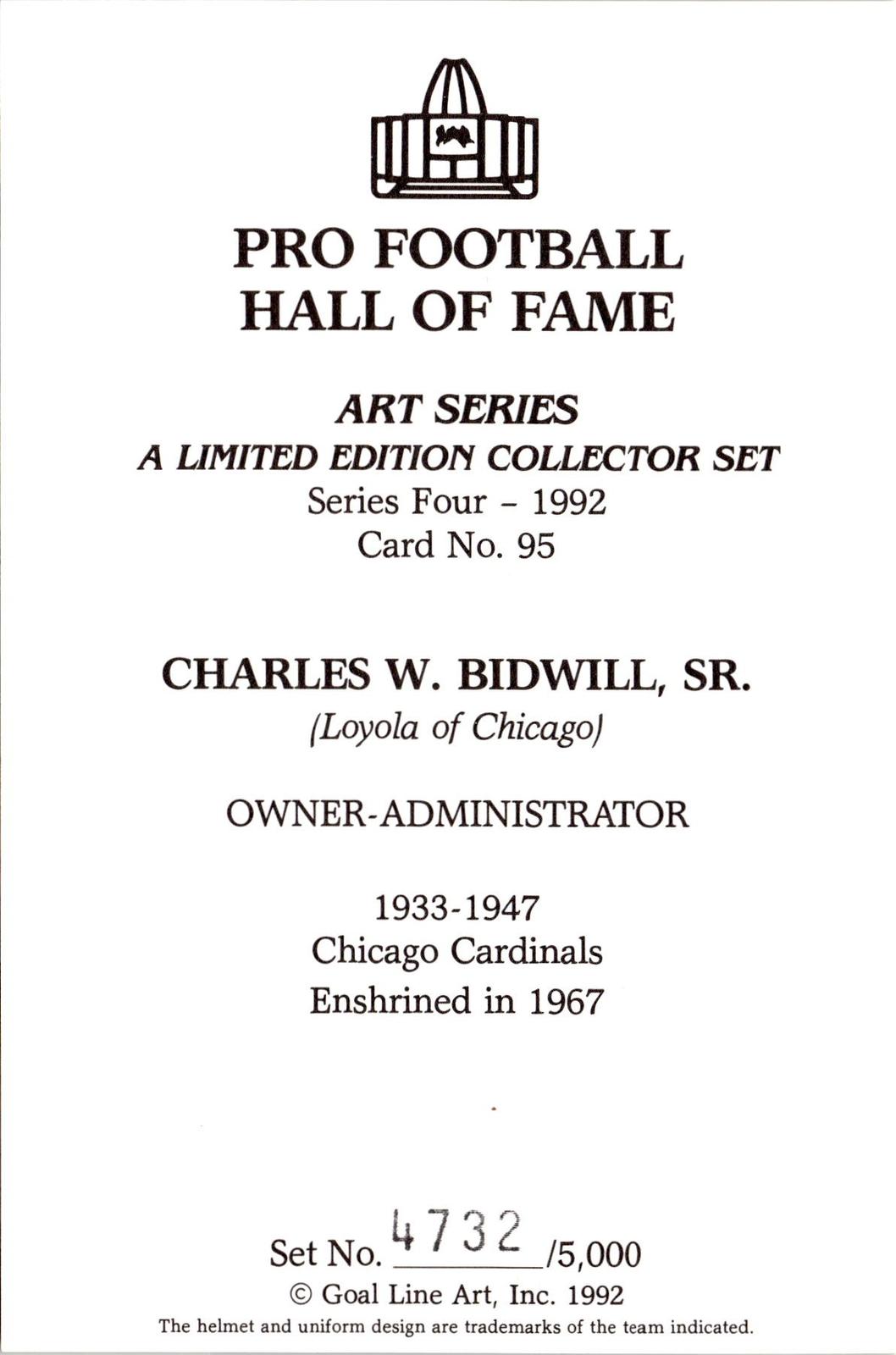 1992 Goal Line Hall of Fame Art Collection #95 Charles Bidwill #/5000
