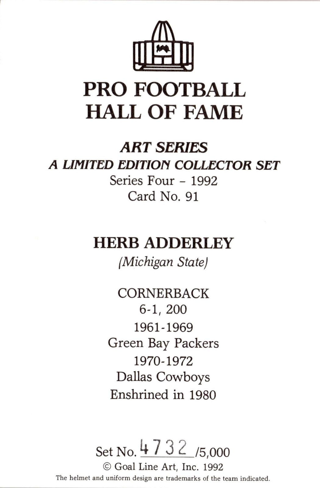 1992 Goal Line Hall of Fame Art Collection #91 Herb Adderley #/5000