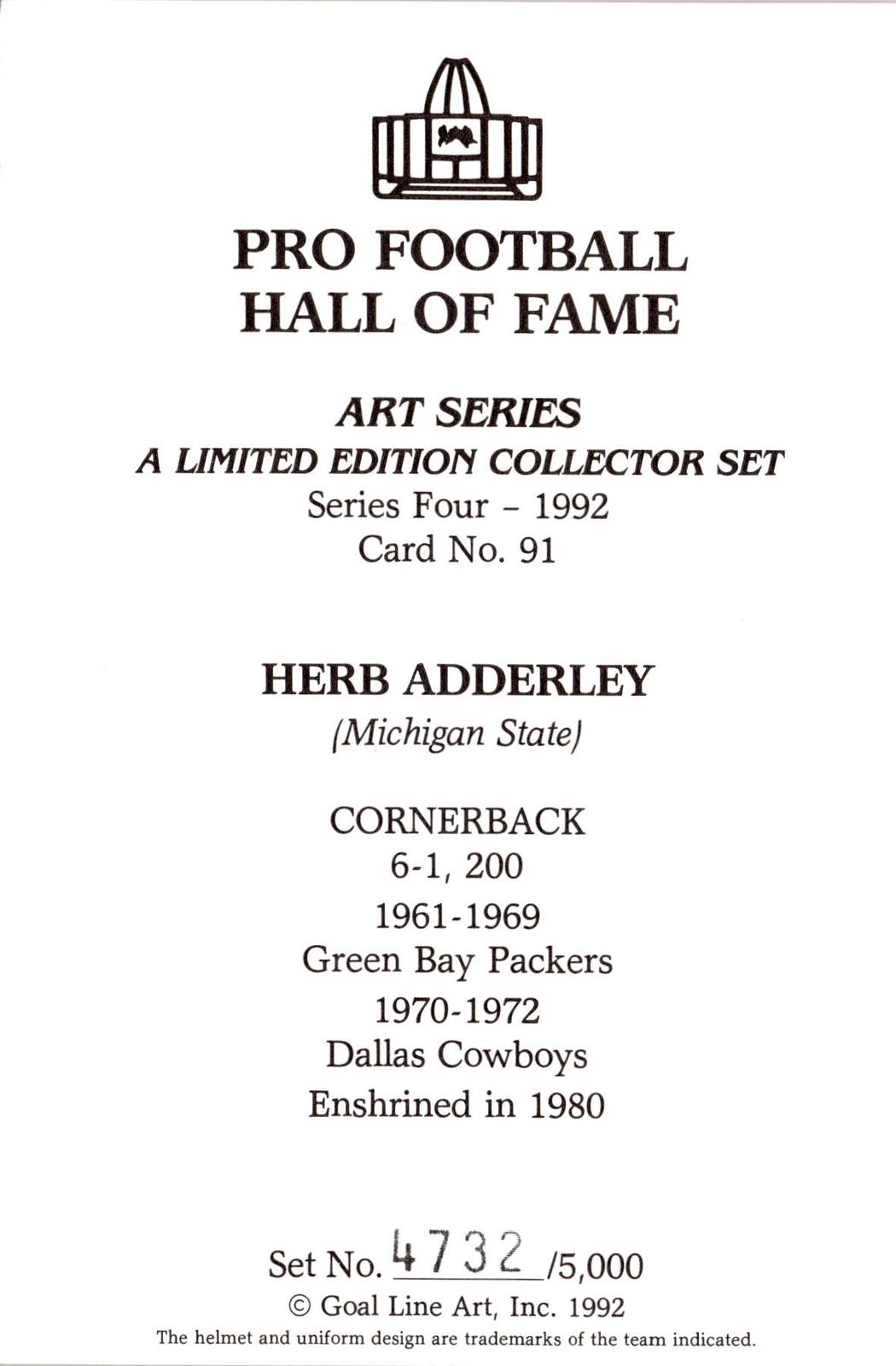 1992 Goal Line Hall of Fame Art Collection #91 Herb Adderley #/5000