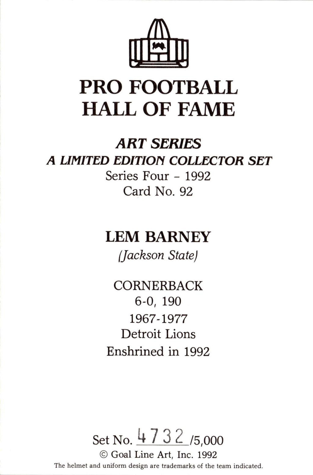 1992 Goal Line Hall of Fame Art Collection #92 Lem Barney #/5000