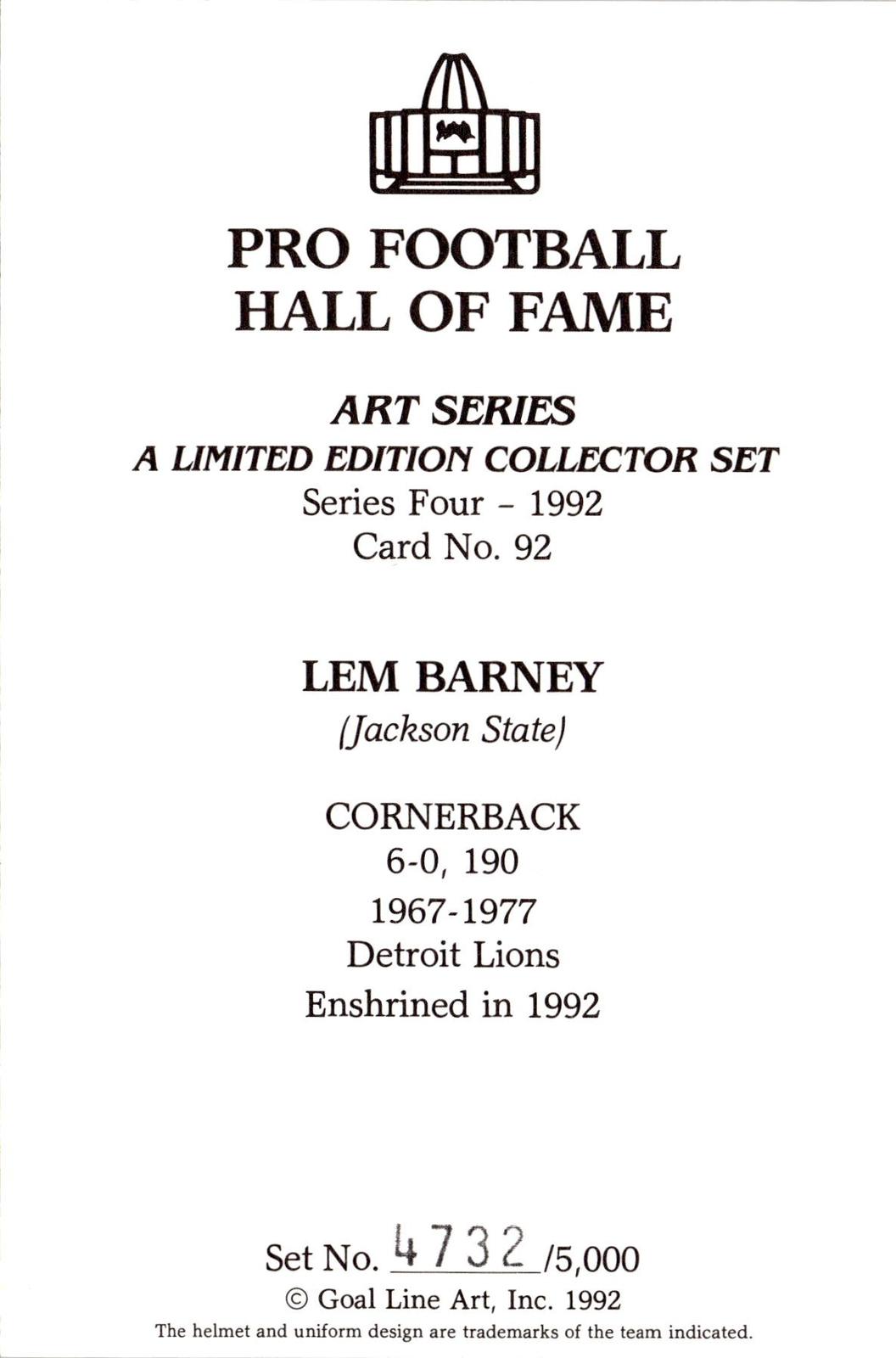 1992 Goal Line Hall of Fame Art Collection #92 Lem Barney #/5000