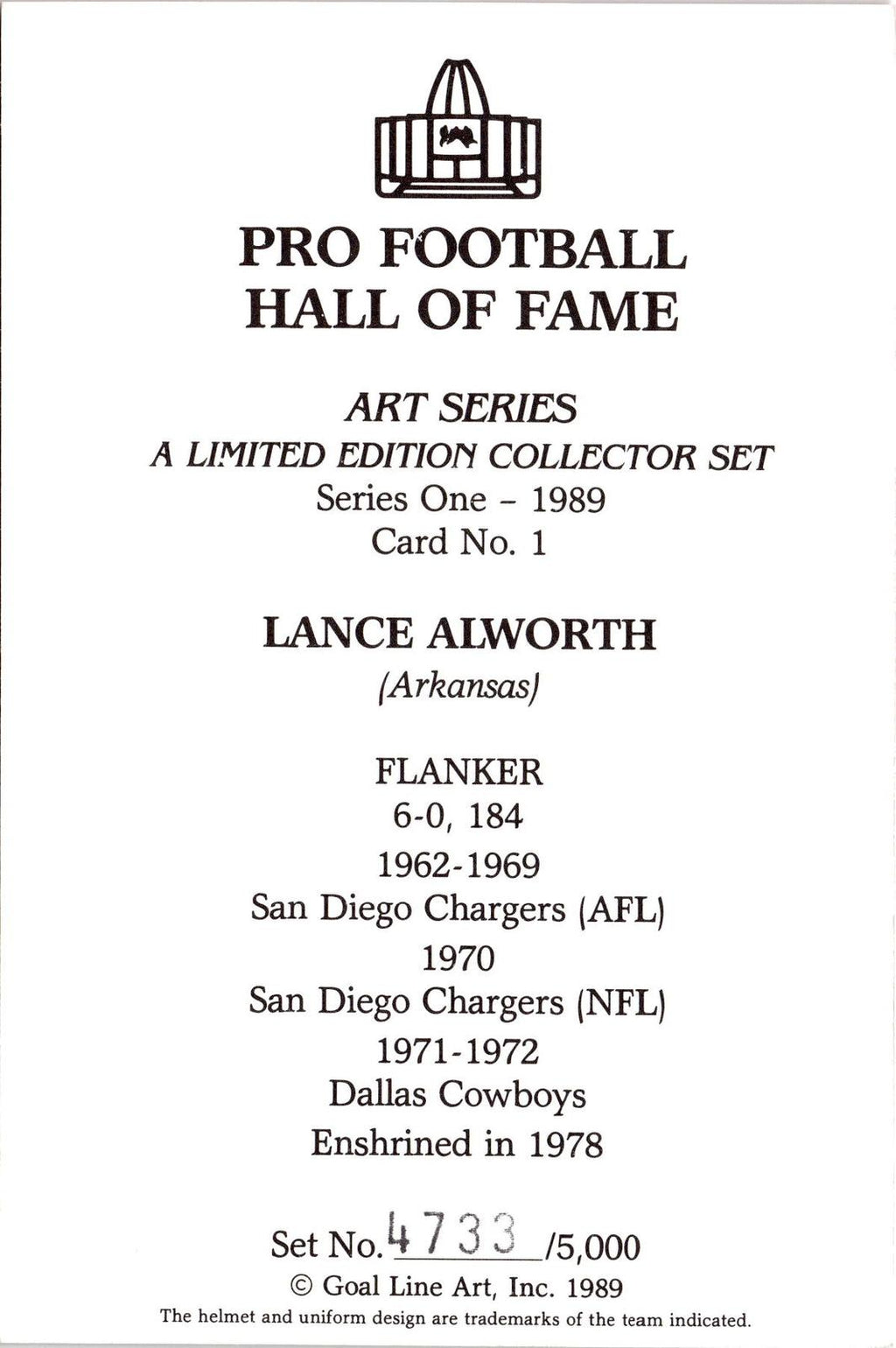 1989 Goal Line Hall of Fame Art Collection #1 Lance Alworth  AUTO #/5000