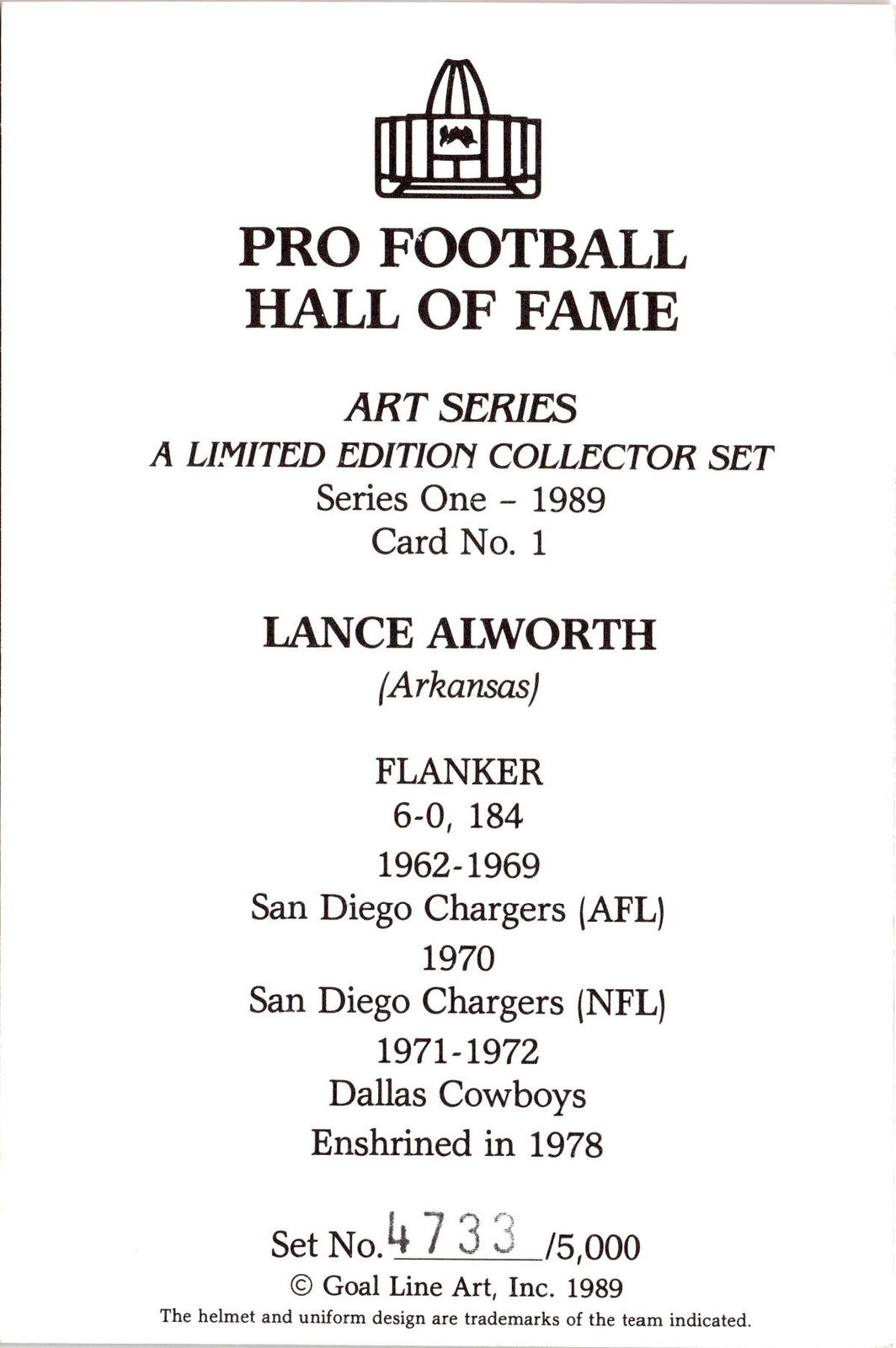 1989 Goal Line Hall of Fame Art Collection #1 Lance Alworth  AUTO #/5000
