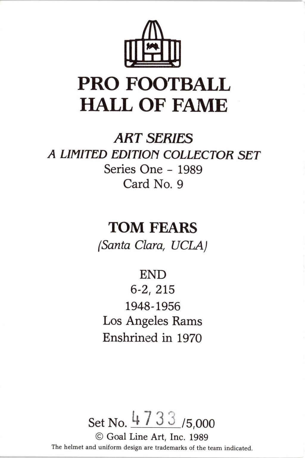 1989 Goal Line Hall of Fame Art Collection #9 Tom Fears AUTO #/5000