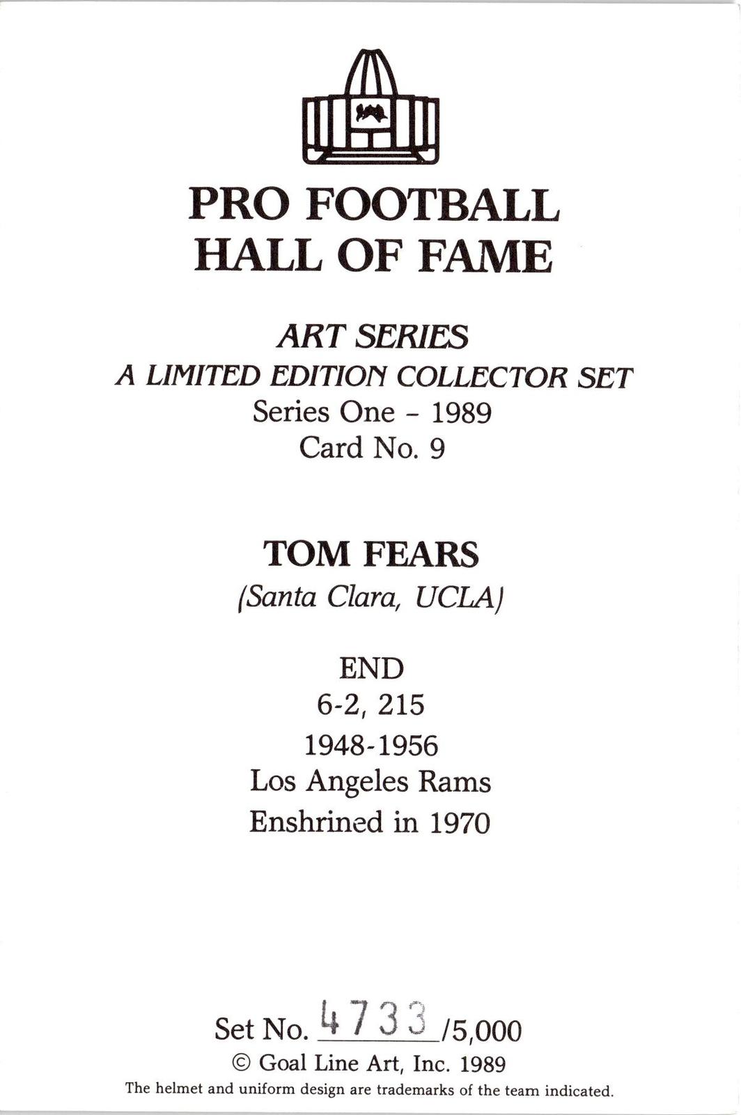 1989 Goal Line Hall of Fame Art Collection #9 Tom Fears AUTO #/5000