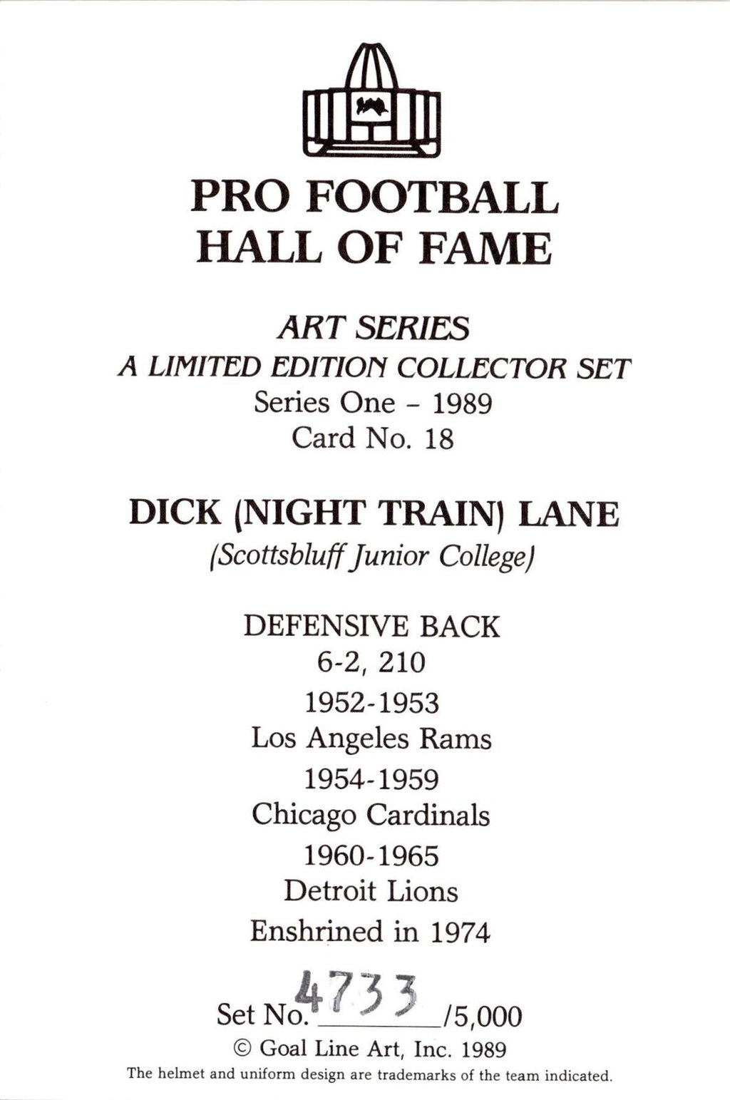 1989 Goal Line Hall of Fame Art Collection #18 Dick Lane AUTO #/5000