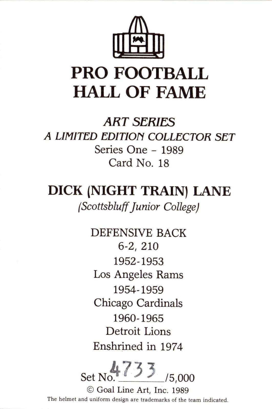 1989 Goal Line Hall of Fame Art Collection #18 Dick Lane AUTO #/5000