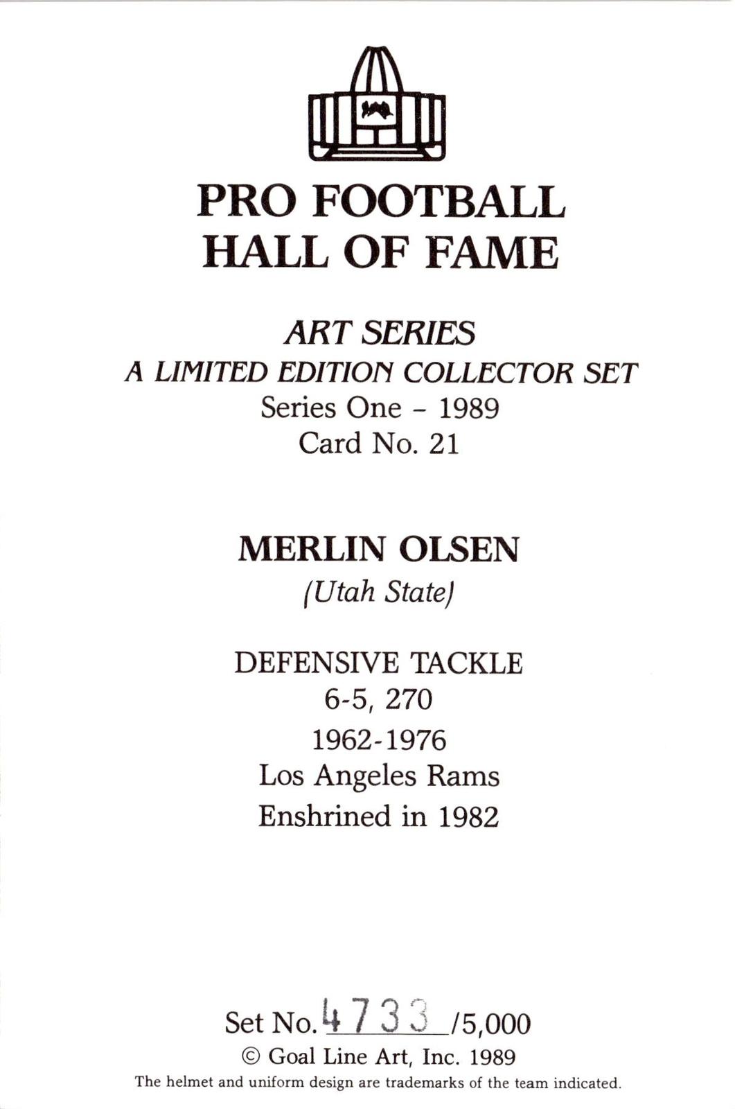 1989 Goal Line Hall of Fame Art Collection #21 Merlin Olsen #/5000